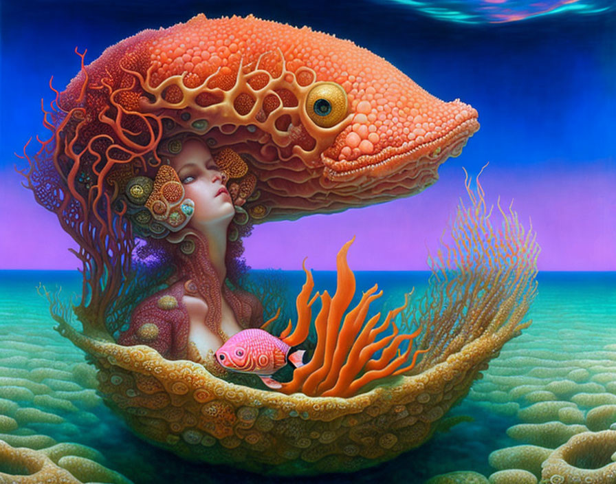 Surreal artwork featuring woman in coral-like fish structure with marine elements