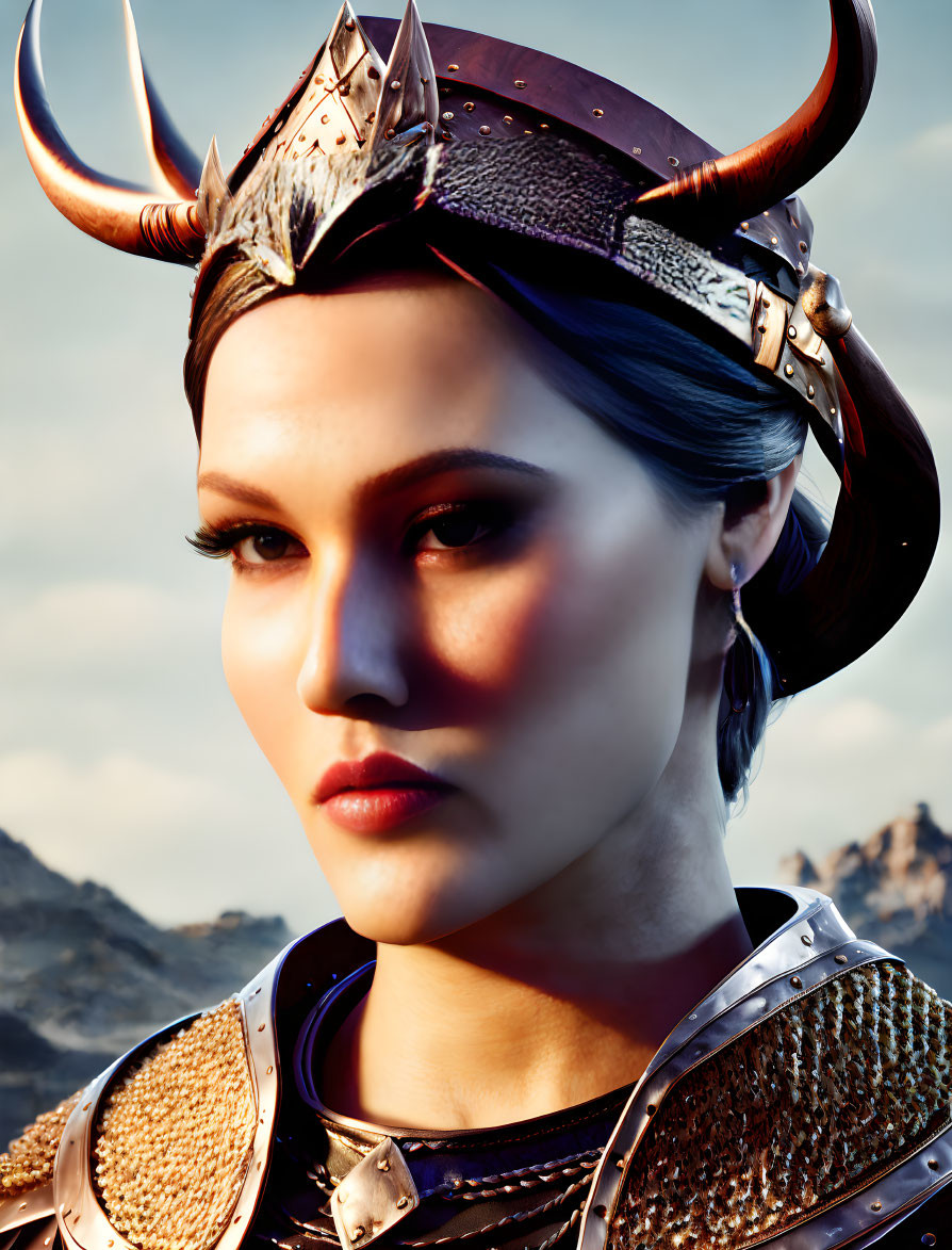 Digital art portrait of woman in horned helmet and armor against mountain backdrop