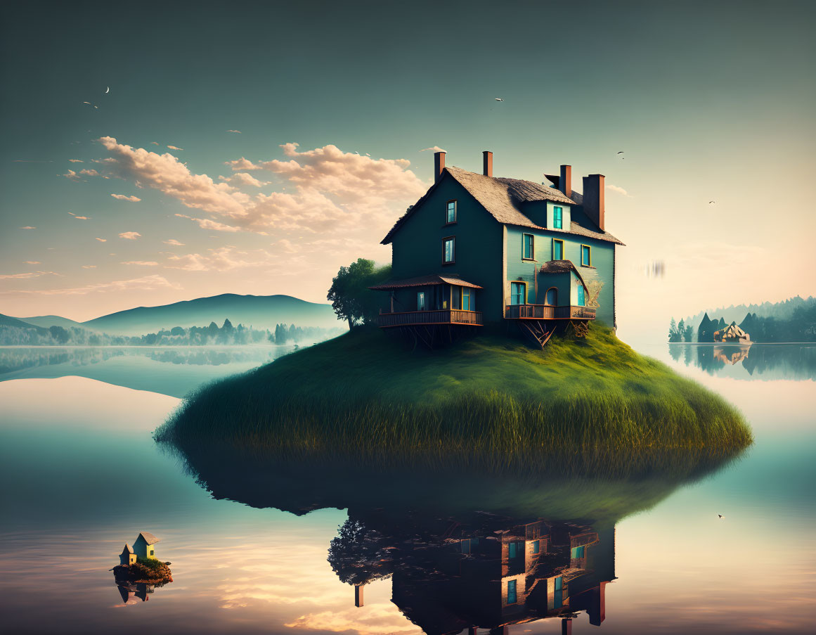 Surreal house on floating island reflected in lake at dawn or dusk