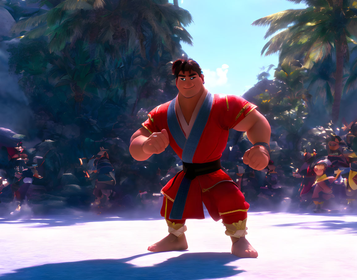 Confident animated character in red attire in tropical setting surrounded by spectators