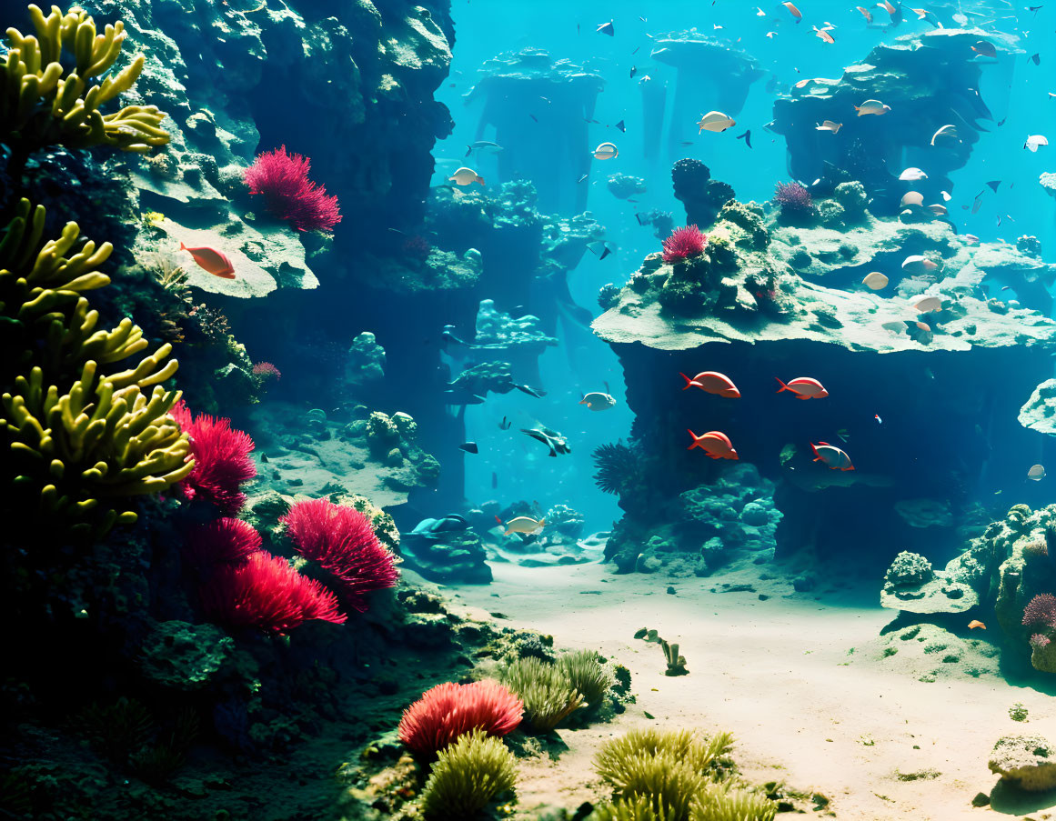 Colorful Coral and Fish in Clear Blue Water