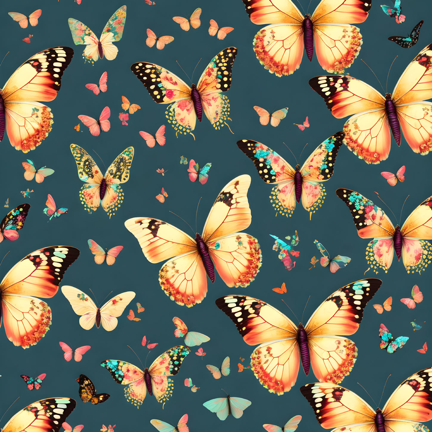 Colorful butterflies with unique wing patterns on teal background