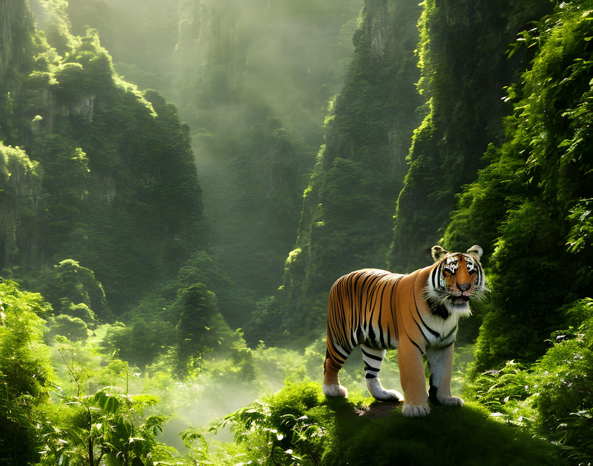 Majestic tiger in lush green jungle with cliffs and misty ambiance