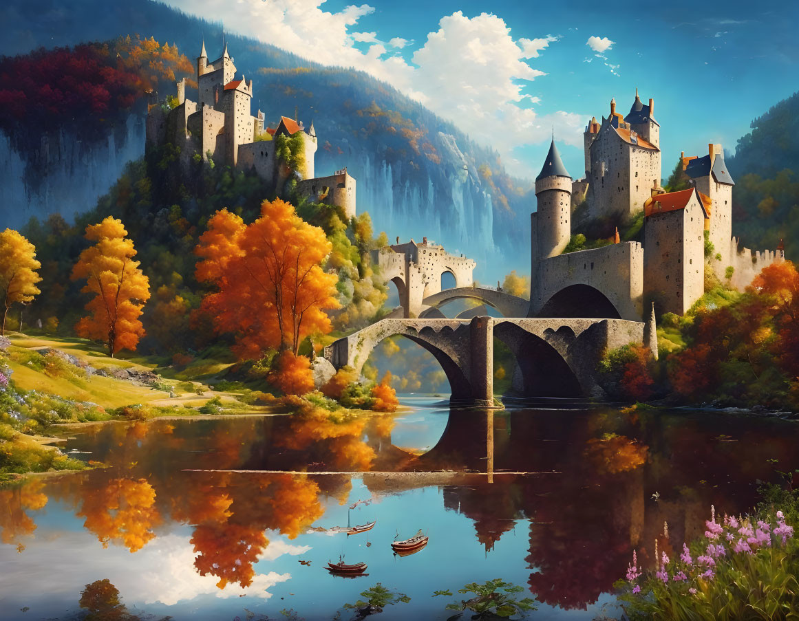 Fantasy landscape with castle, autumn trees, stone bridge, river, and boats