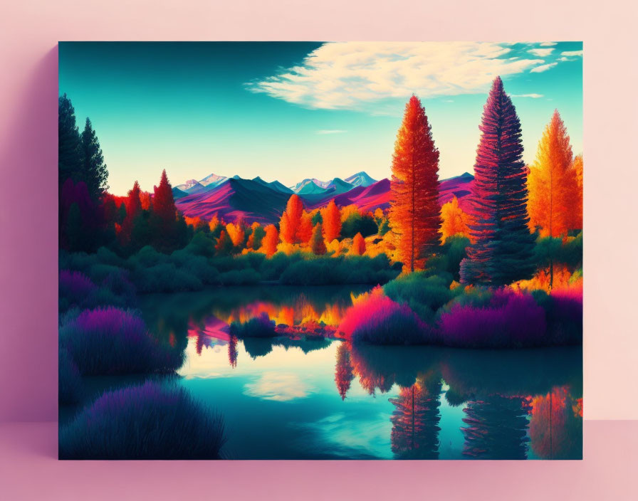 Colorful landscape with neon hues, calm lake, colorful trees, purple mountains, pastel sky