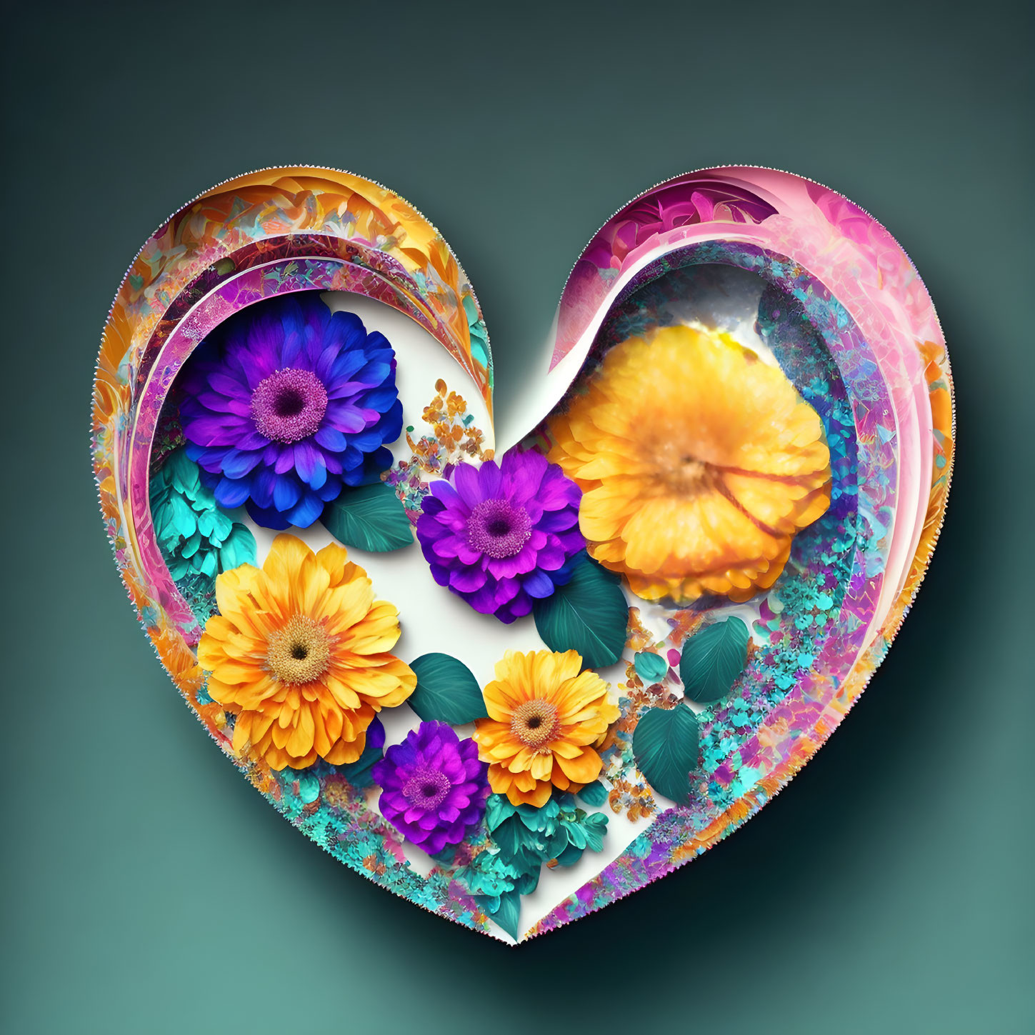 Colorful Heart-Shaped Artwork with Flowers and Patterns on Teal Background