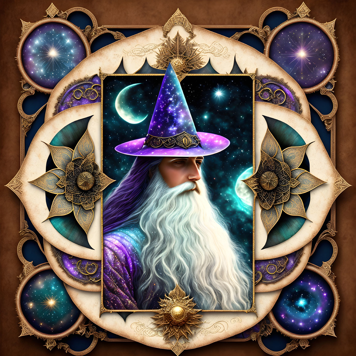 Mystical wizard with starry robe and celestial symbols on brown background