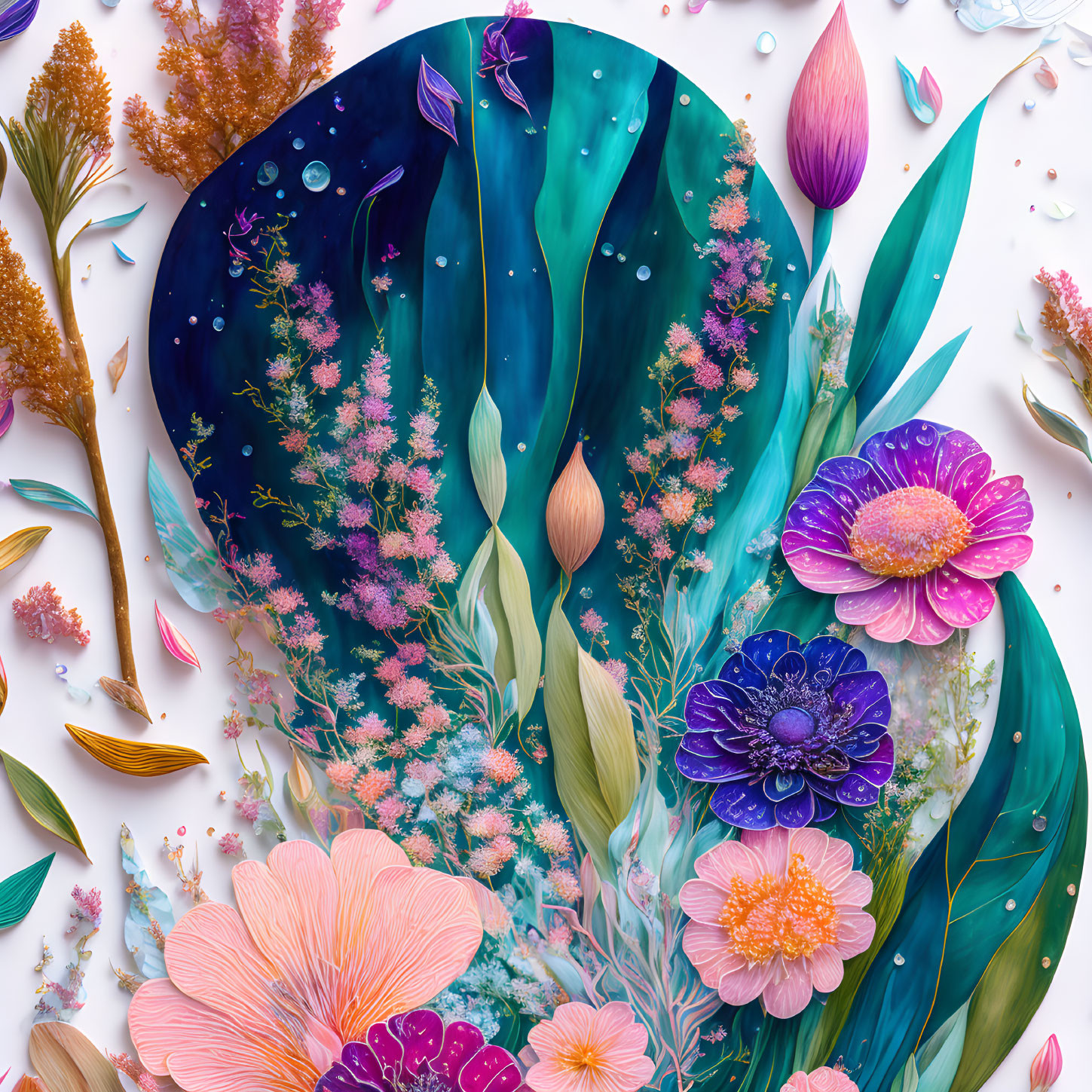 Vibrant flowers and plants on teal background, botanical and whimsical design