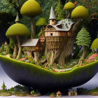 Fantastical spherical tree with lush greenery and whimsical treehouses interconnected by bridges