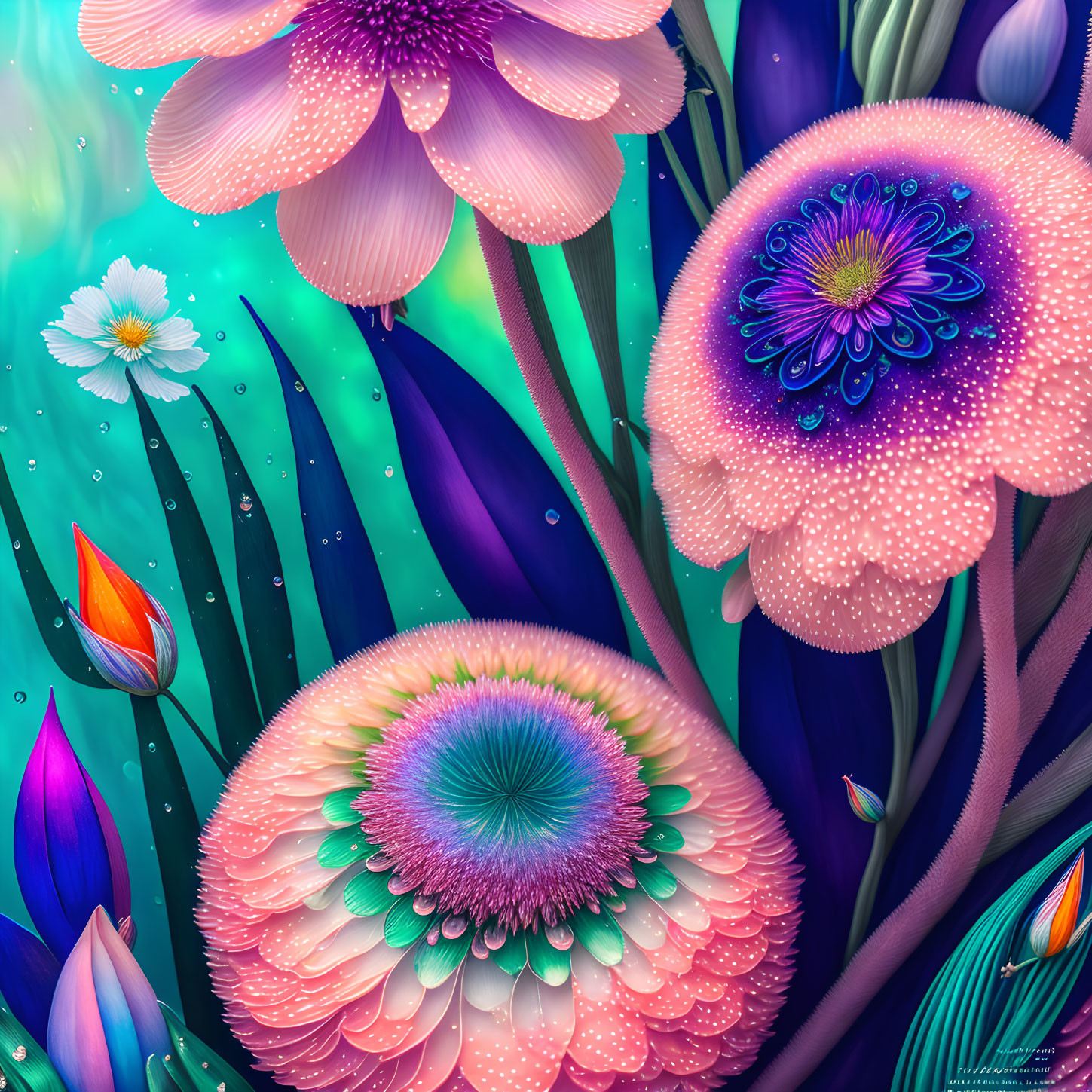 Colorful digital artwork: Neon flowers with intricate patterns in lush, fantasy foliage