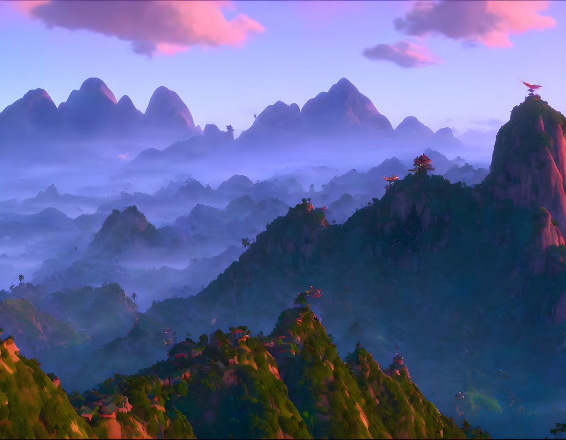 Mystical dusk landscape with misty mountains and pagoda structures