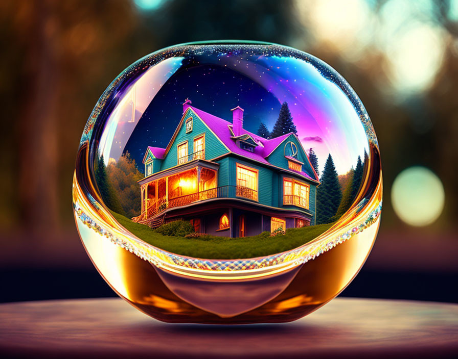 Vibrant surreal house scene in crystal ball at night