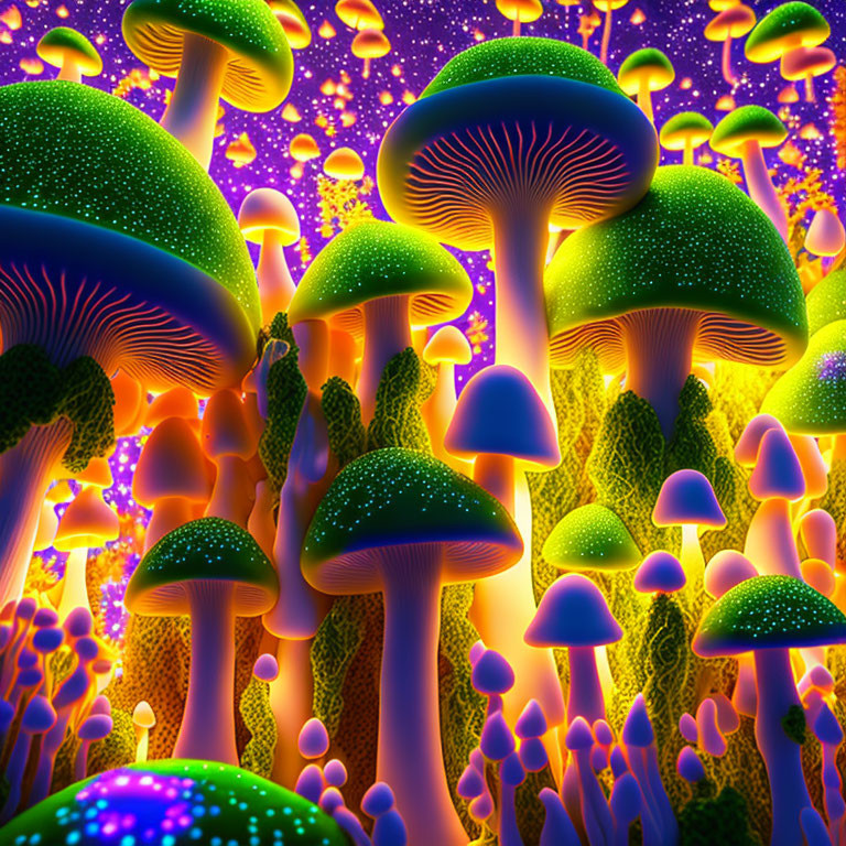 Colorful Psychedelic Forest of Luminescent Mushrooms in Blue, Orange, and Purple