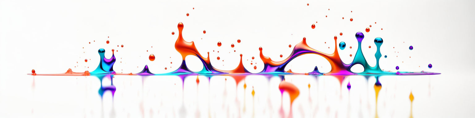 Vibrant liquid splashes form suspended droplets above reflective surface