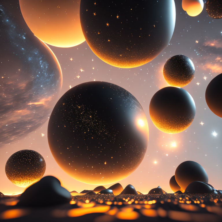 Surreal landscape with floating spheres on barren ground under twilight sky