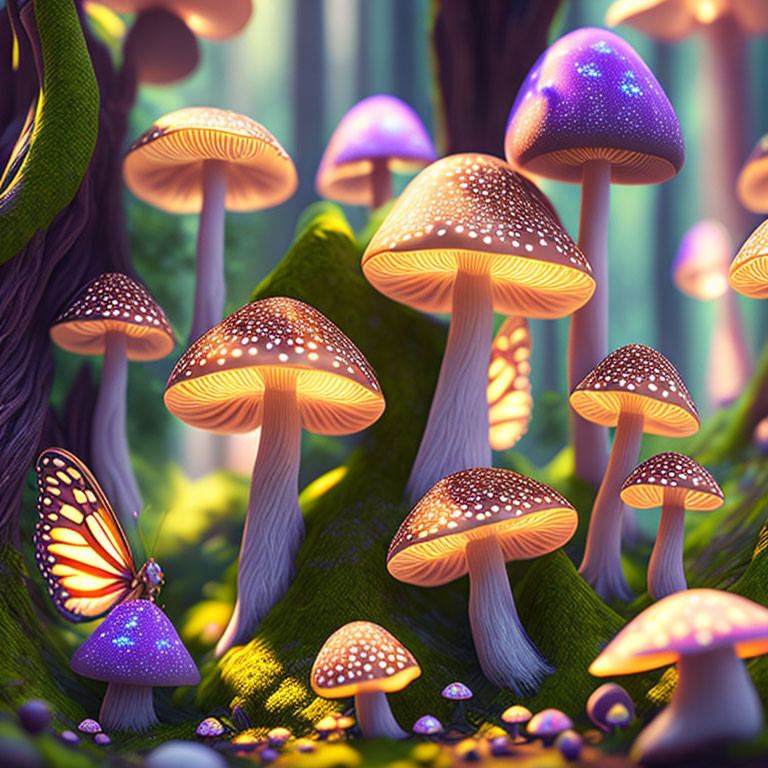 Fantasy illustration: Bioluminescent mushrooms and butterfly in enchanted forest