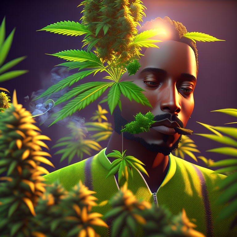 Stylized 3D portrait: Man with beard, surrounded by cannabis plants, smoking, contempl