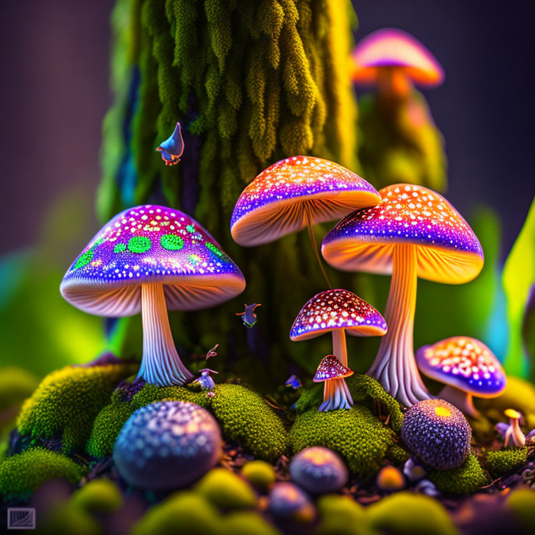 Bioluminescent purple-capped mushrooms in whimsical forest scene