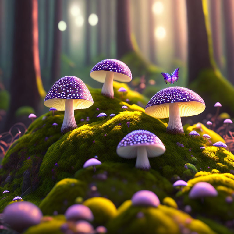 Majestic purple mushrooms in enchanted forest with butterfly