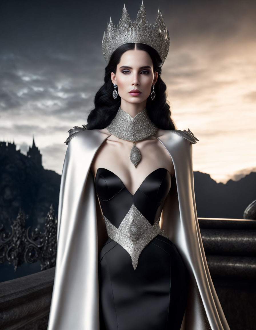 Regal woman in black dress and silver cape under twilight sky