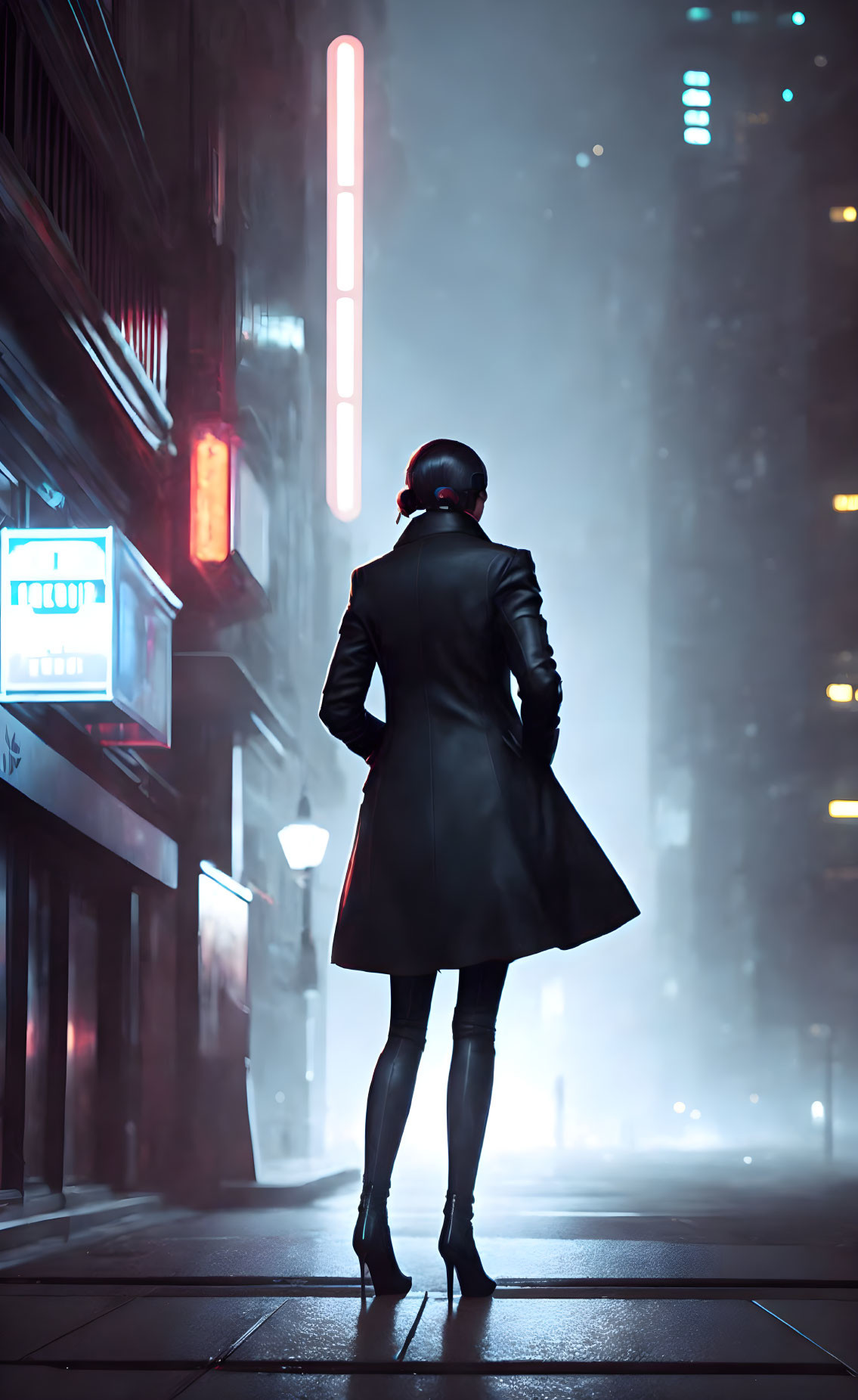 Person in Black Coat and Heels in Neon-Lit Urban Alley at Night