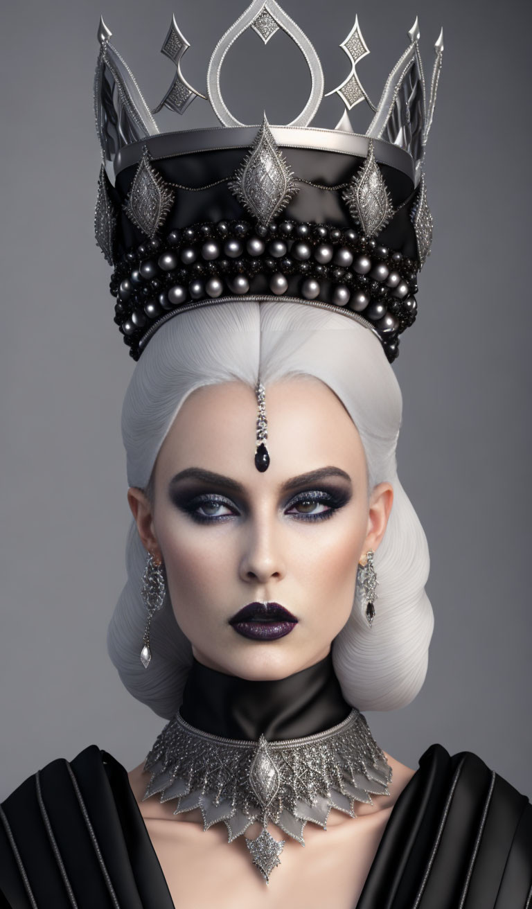 Regal woman with silver and black crown exuding elegance