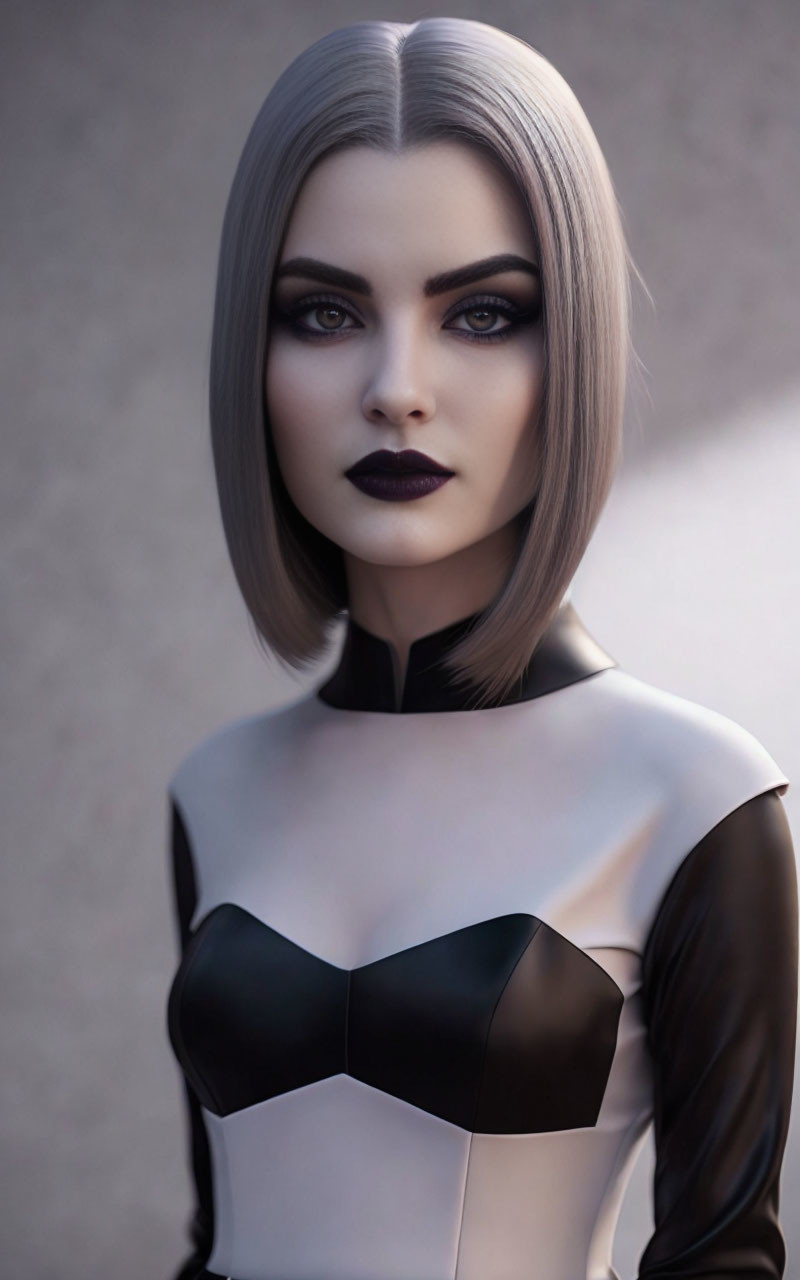 3D rendering of woman with sleek bob haircut and geometric outfit