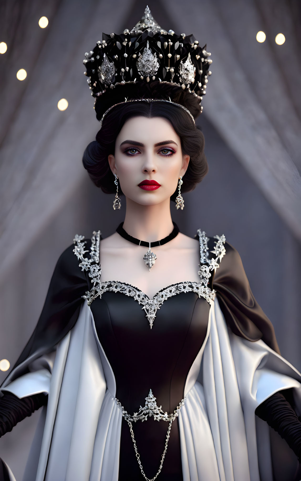 Regal woman in black crown and gown with dark lipstick