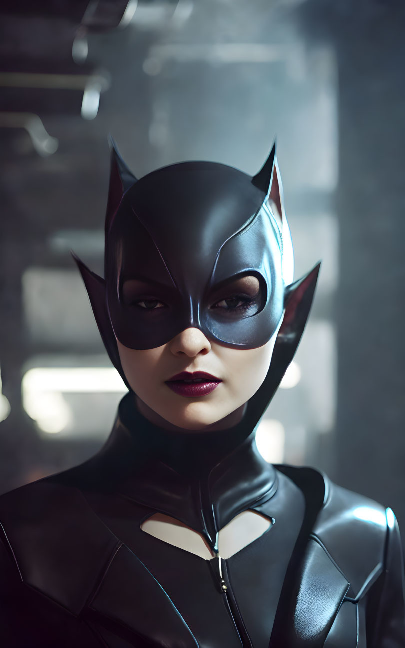 Detailed Batgirl Costume with Cowl and Mask Against Misty Backdrop