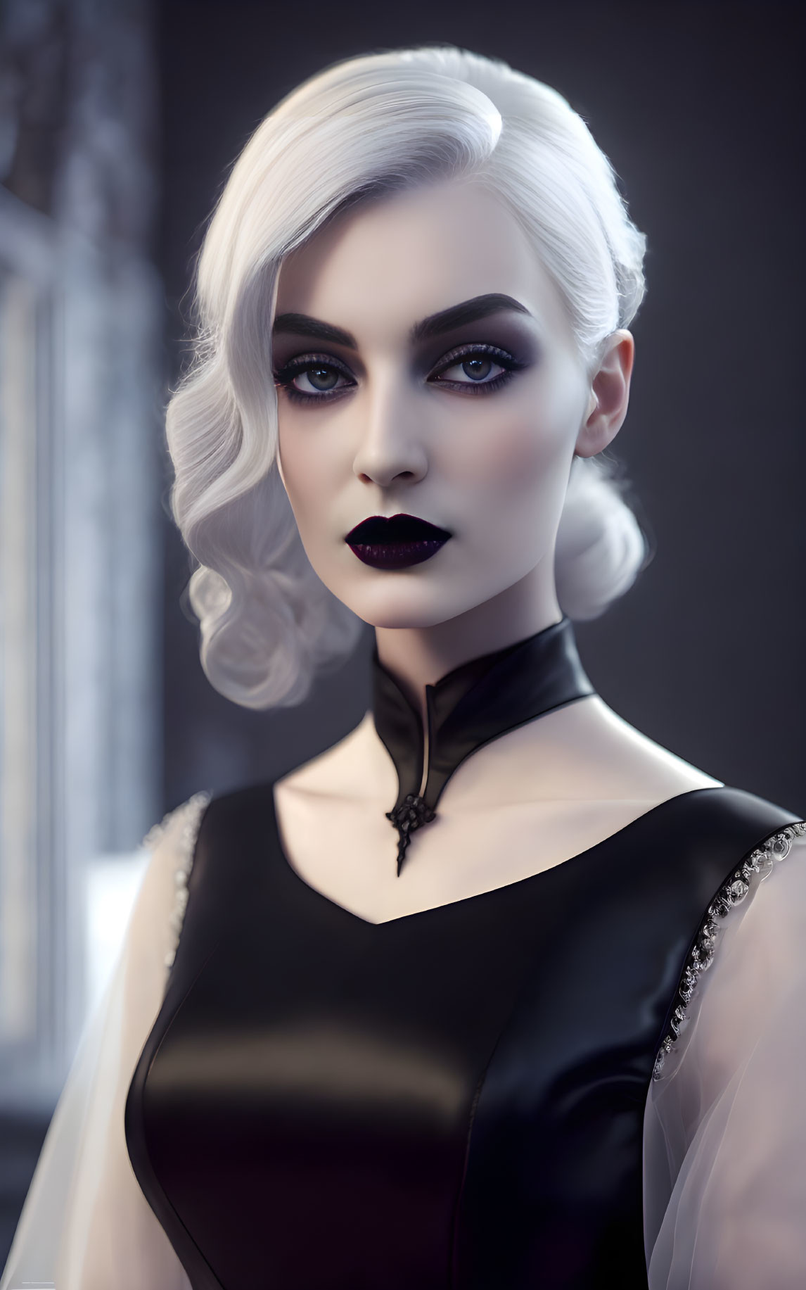 Platinum Blonde Woman in Black Top with High Collar