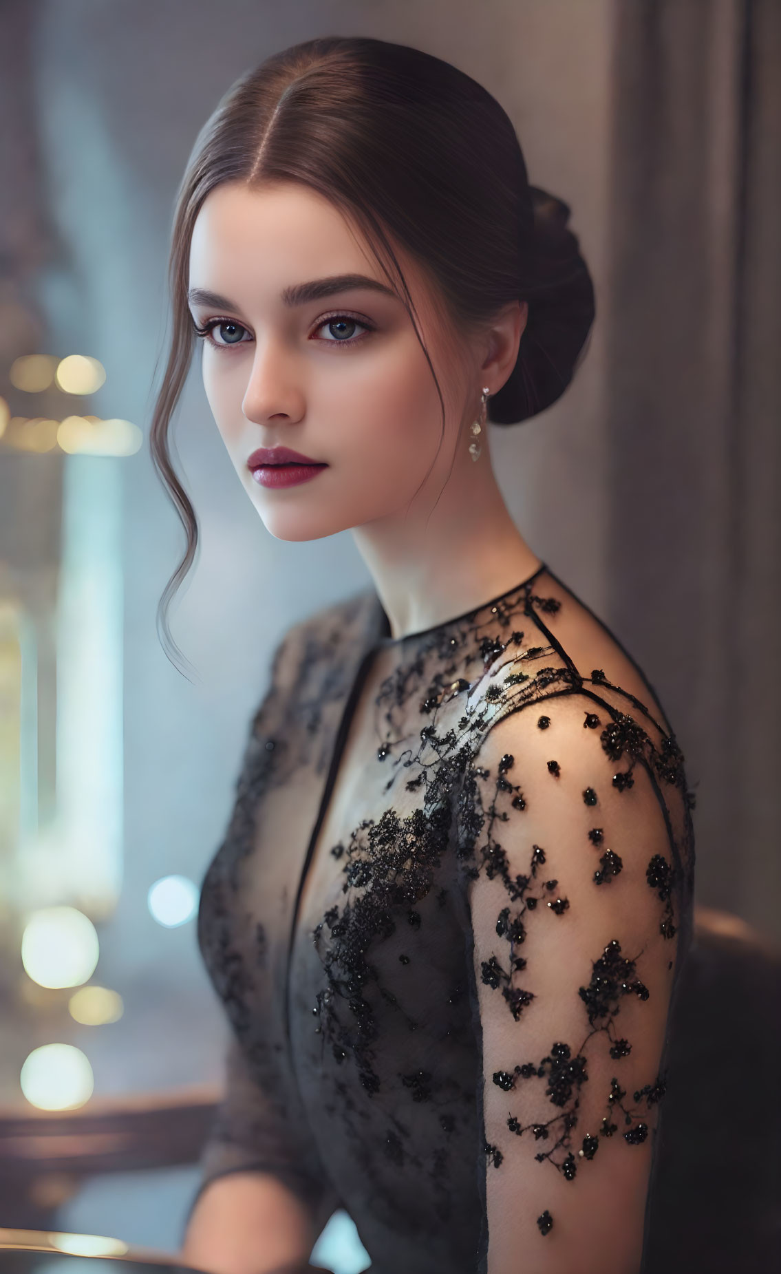 Blue-eyed woman in sequined black dress with sleek bun hairstyle in vintage setting