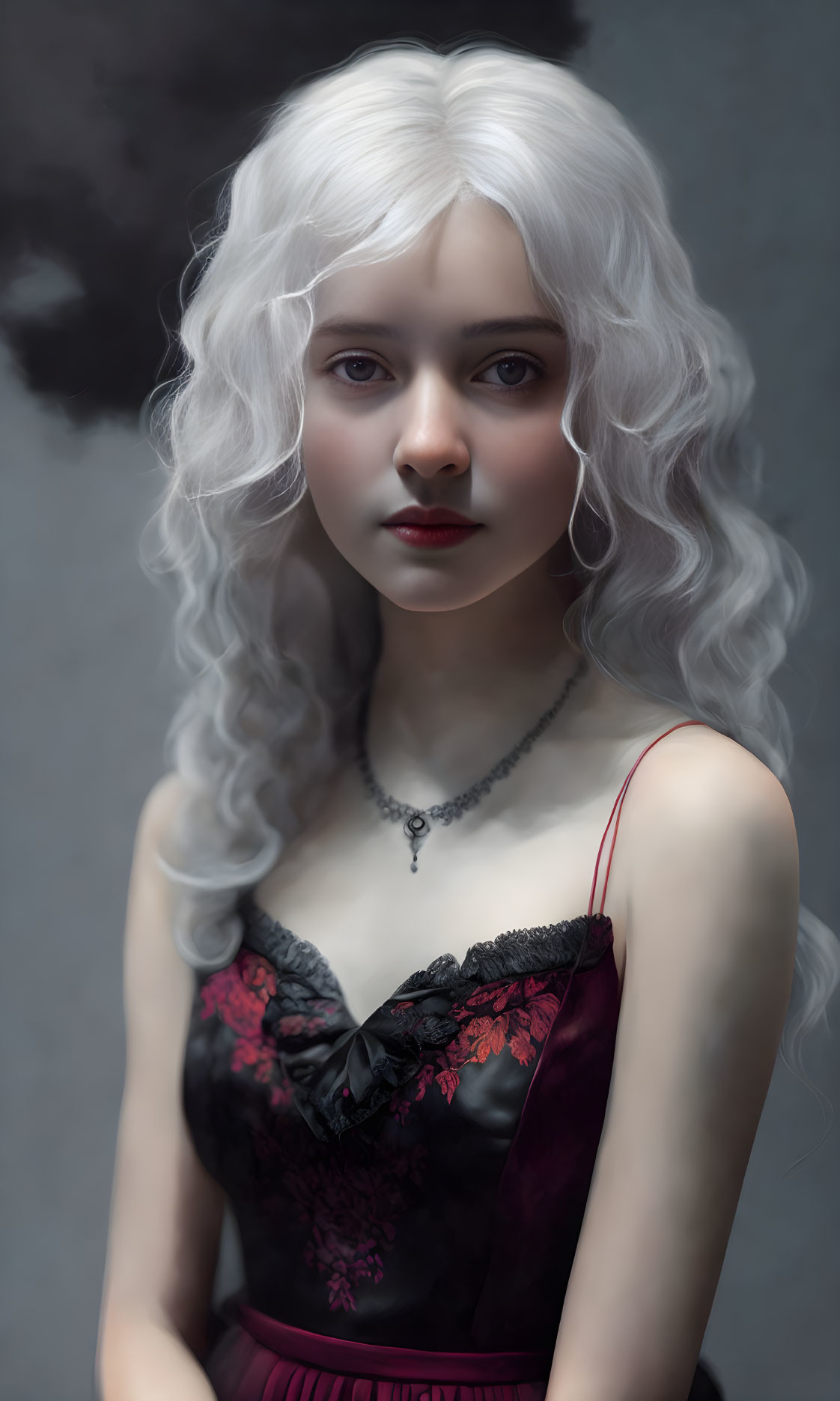 Portrait of young woman with pale skin, blue eyes, and white hair in red and black lace dress