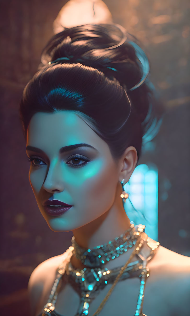 Elegant woman with updo and dark makeup in blue light.