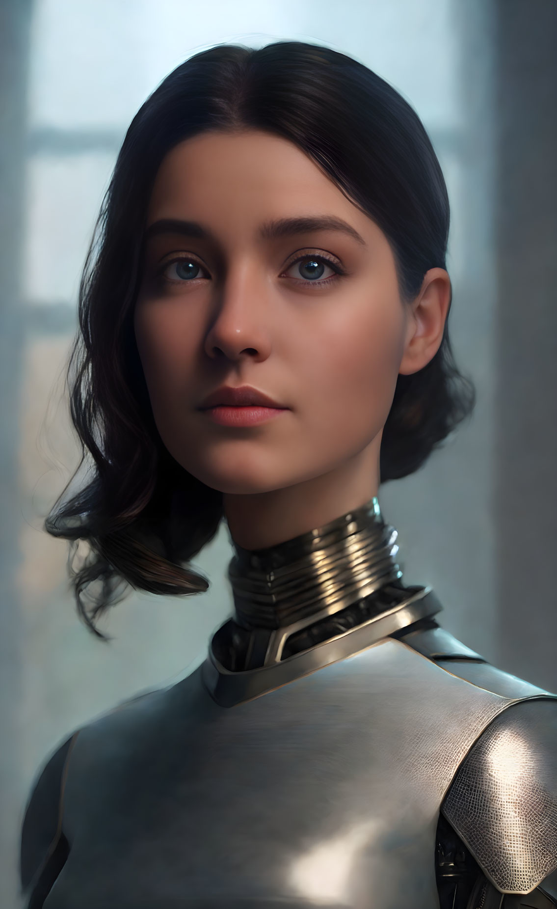 Medieval armor woman portrait with striking blue eyes