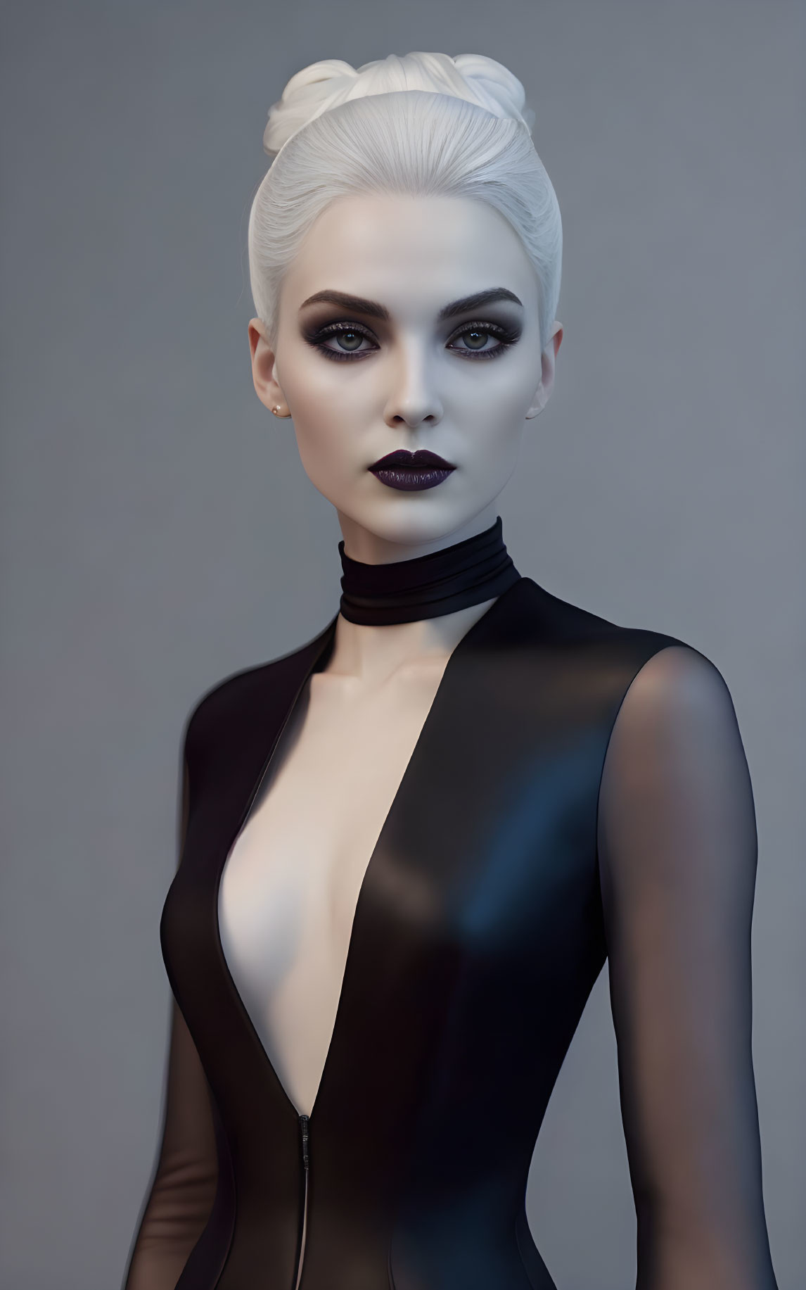 Digital artwork of woman with platinum blonde hair in updo, high-collar black bodysuit