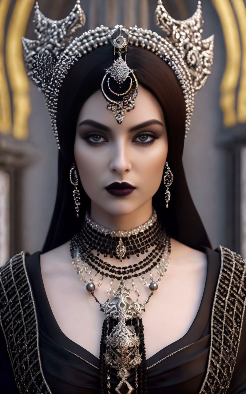 Woman with Striking Makeup and Silver Headdress: Regal and Mystical Appearance