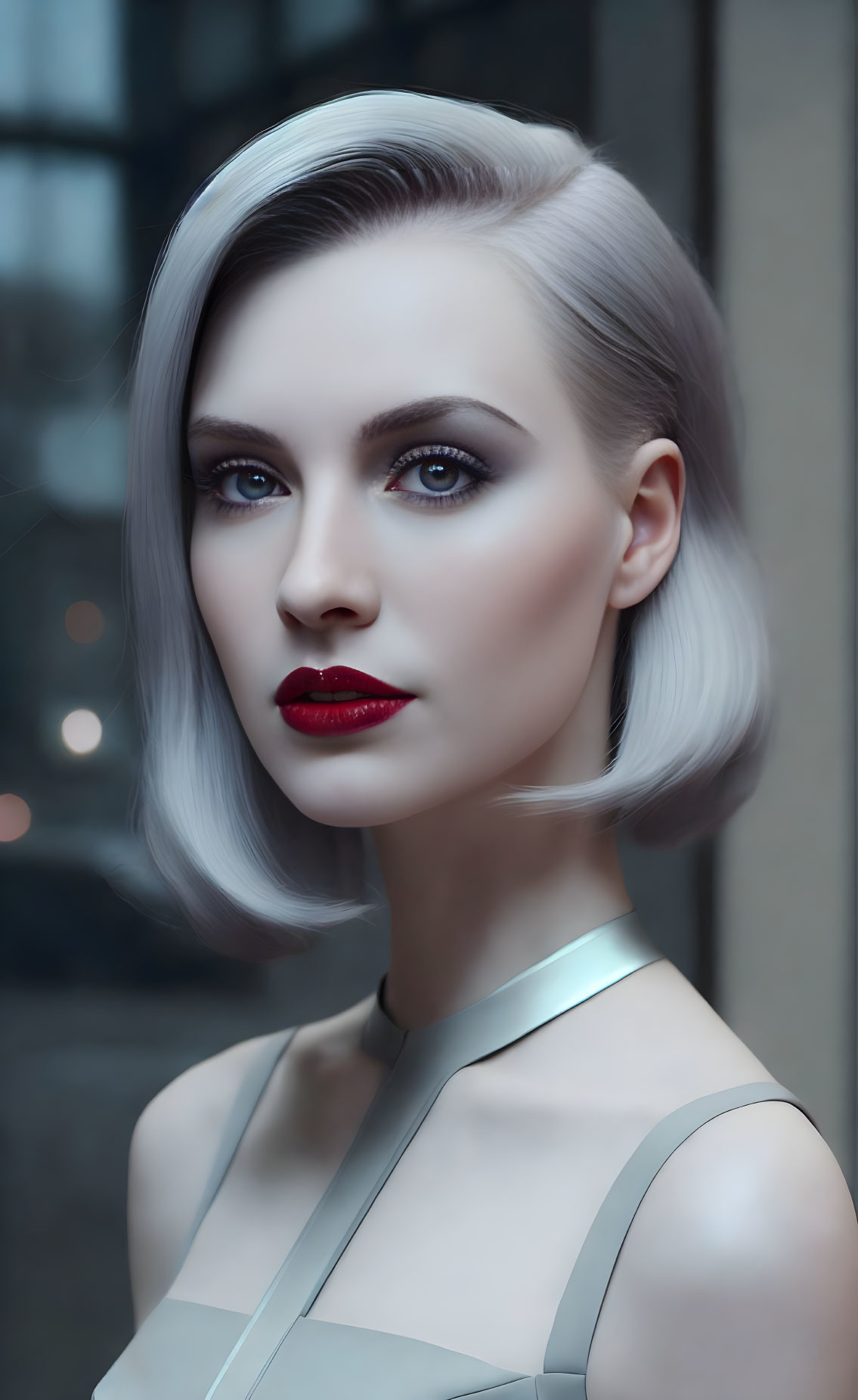 Sleek bob haircut and striking makeup with metallic outfit against urban backdrop