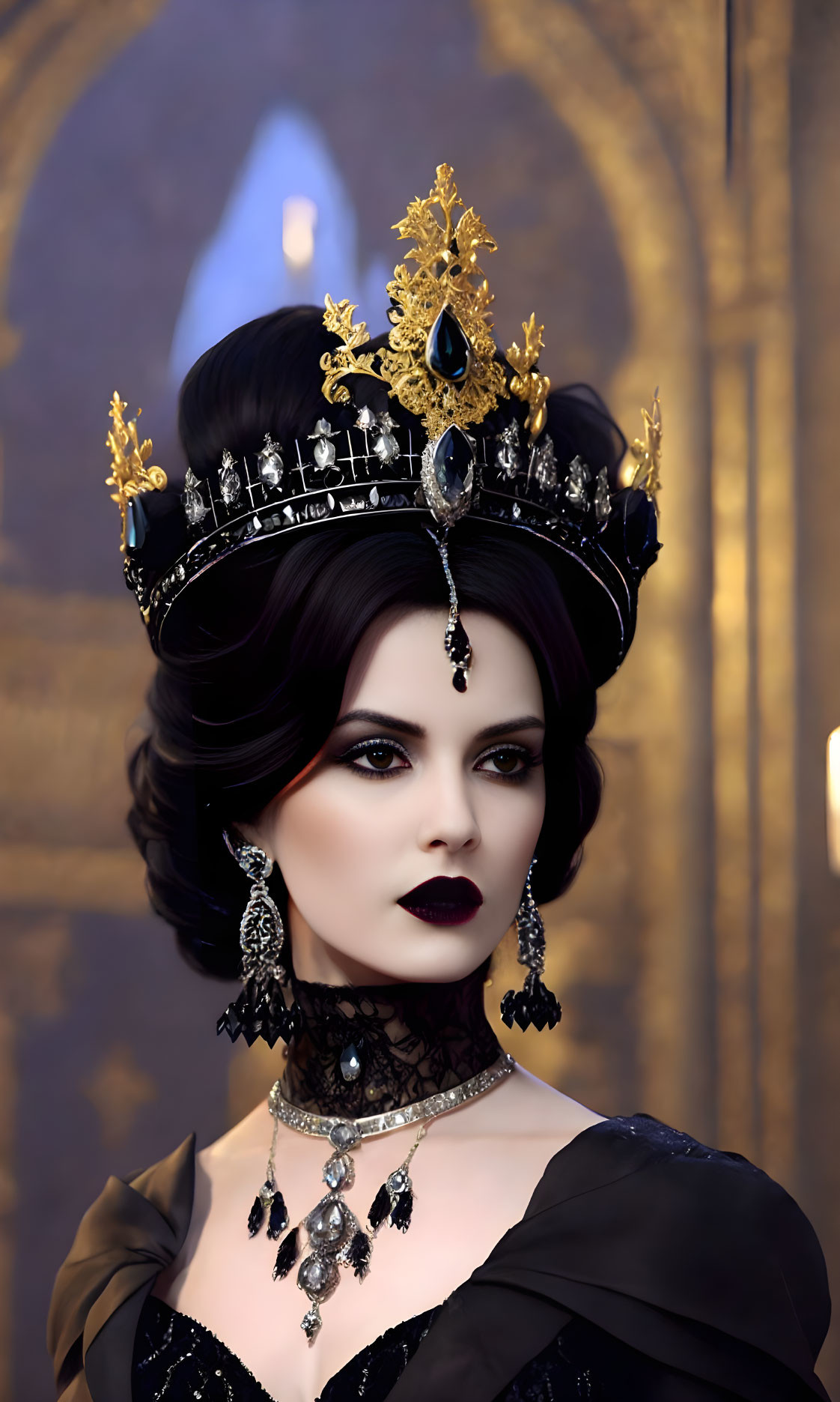 Elaborate black and gold crown with sapphire centerpiece on woman