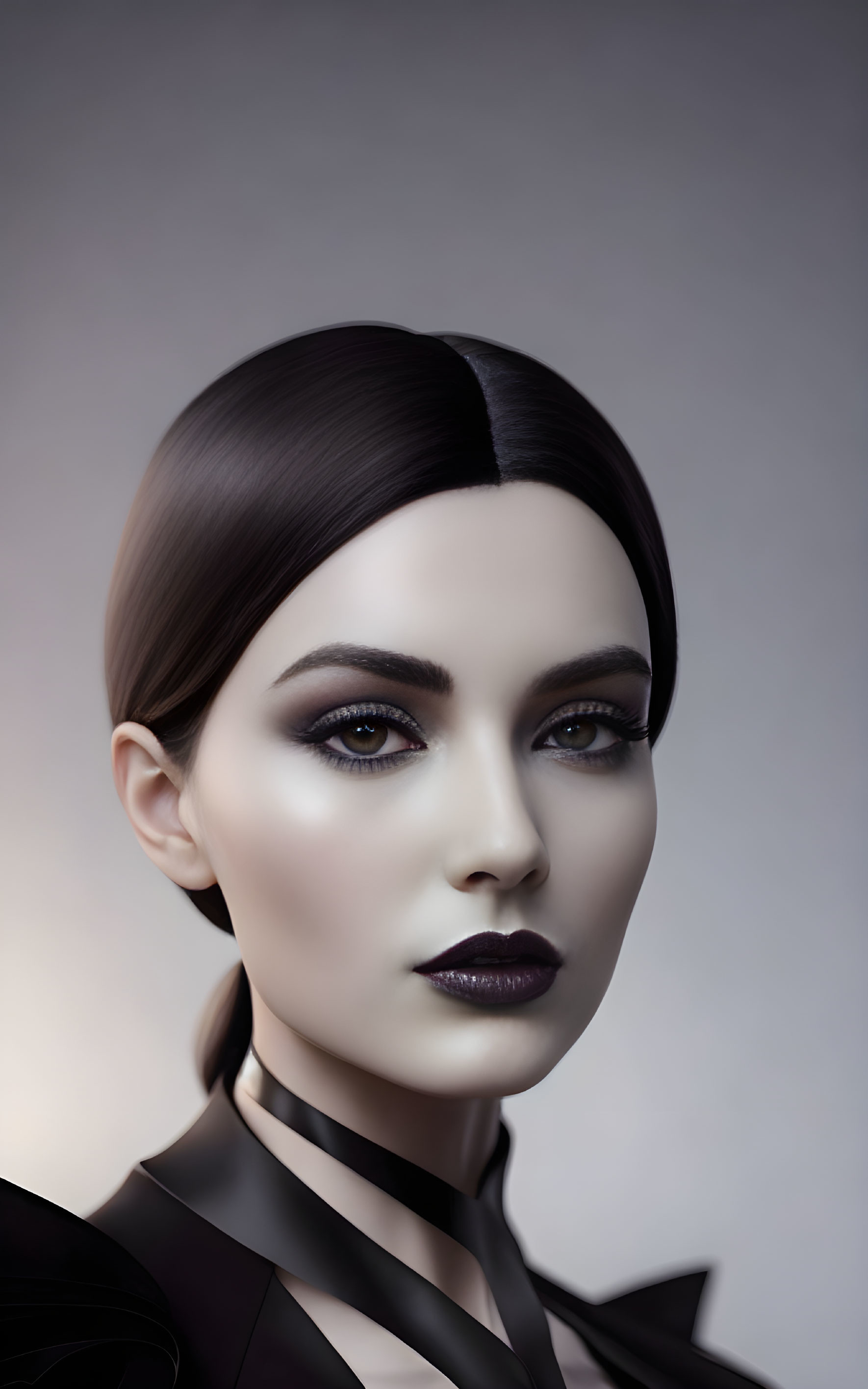 Female portrait with sleek hairstyle, intense gaze, dark lipstick, and sharp collar details