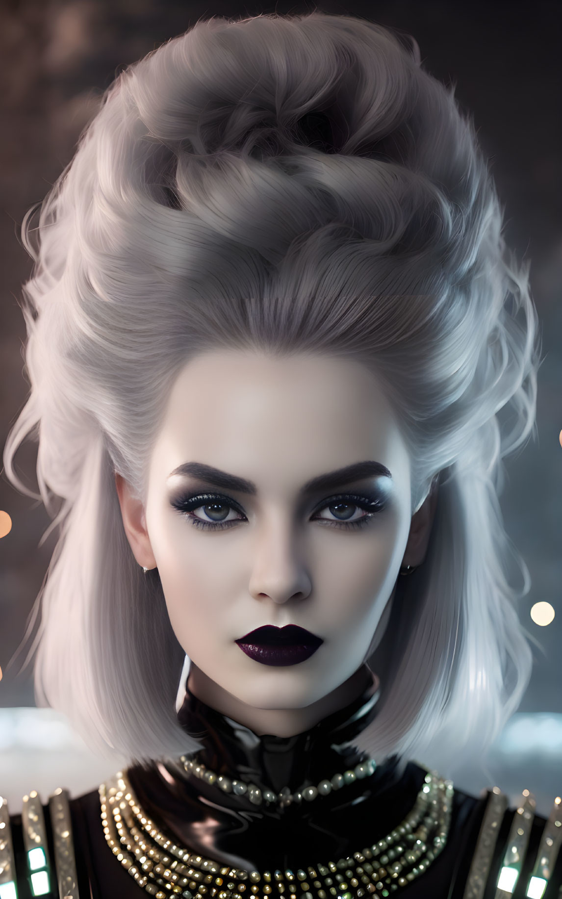 Stylized portrait of a woman with silver hair and dramatic makeup