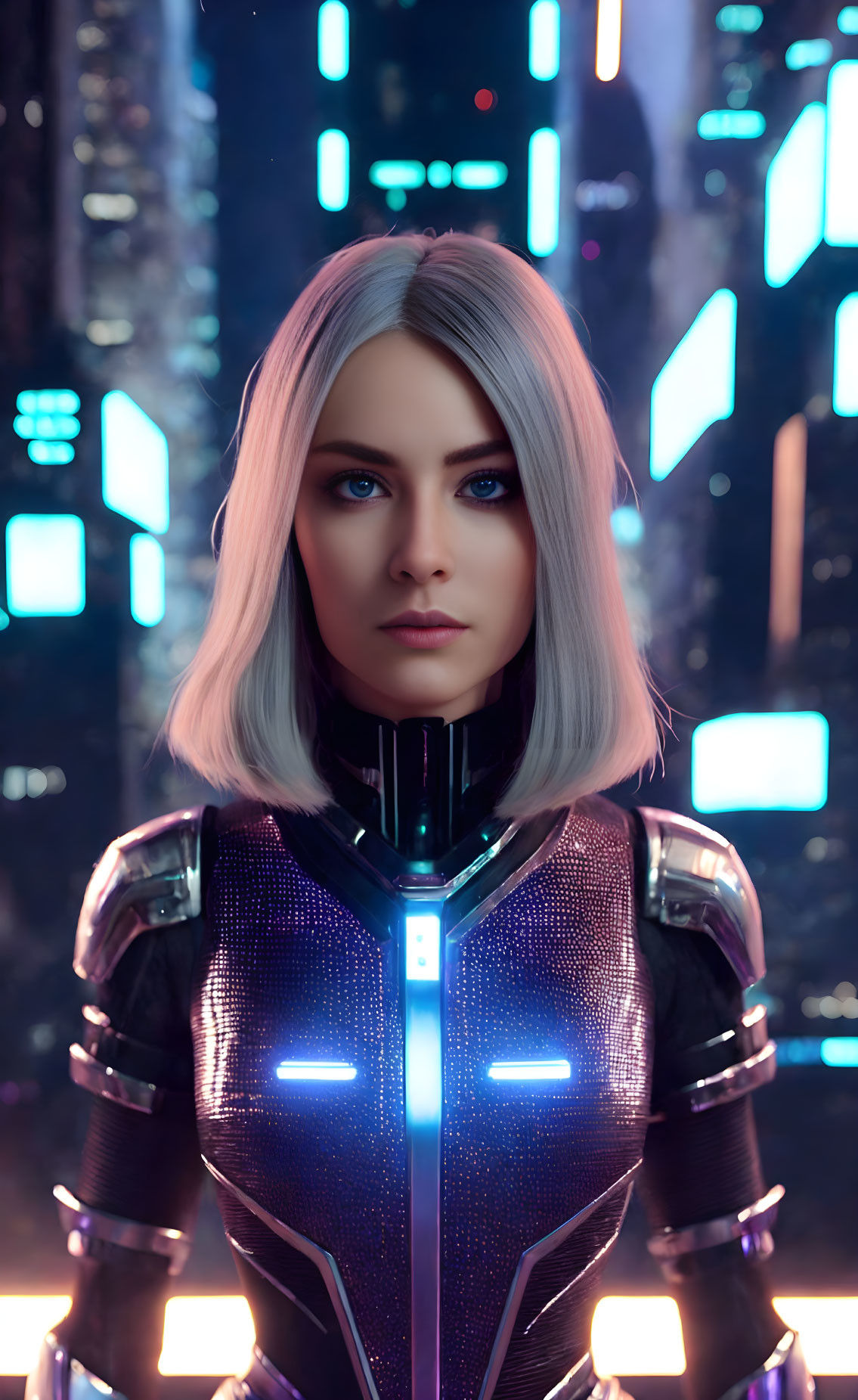 Short white-haired woman in futuristic armor against neon-lit cityscape