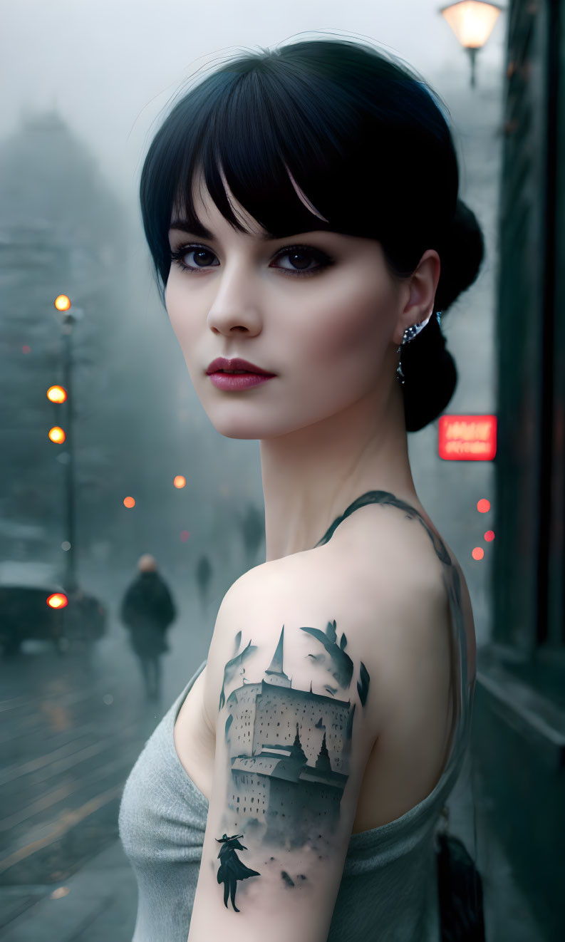 Dark-haired woman with castle tattoo gazes amid misty street lights.