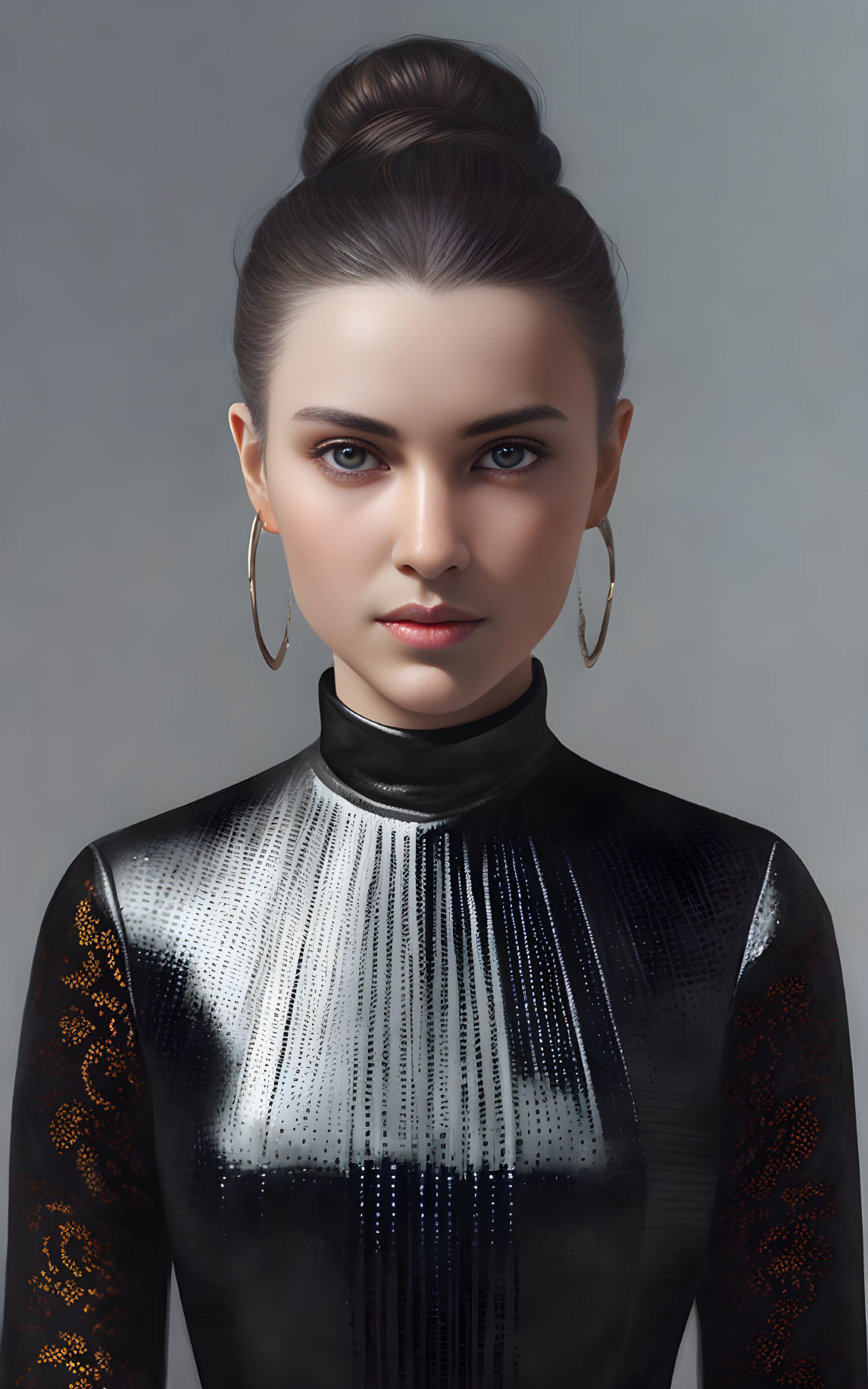 Digital artwork: Woman with high bun, black turtleneck, gold hoop earrings