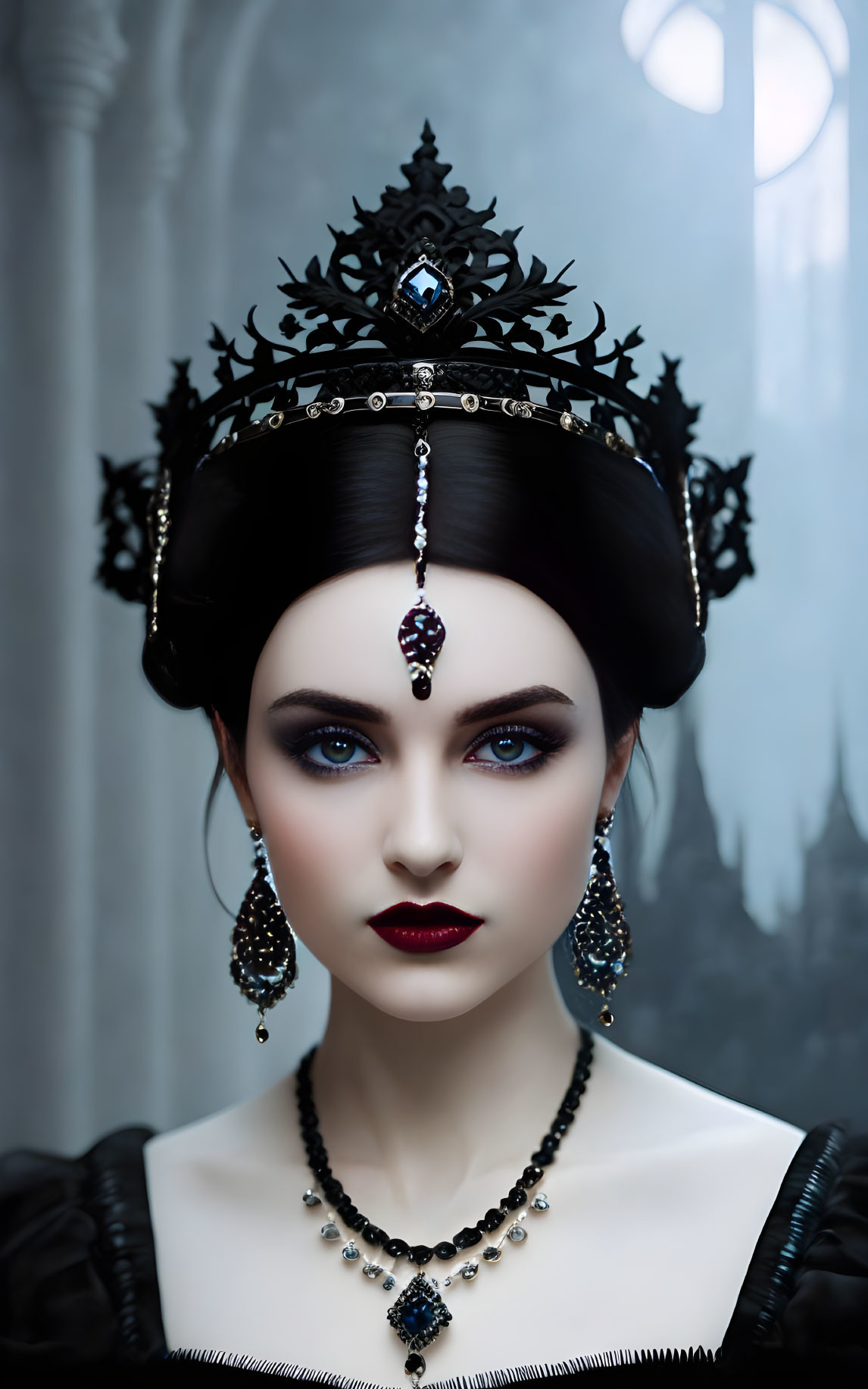 Dark-haired woman in black crown and jewelry posing regally against misty backdrop