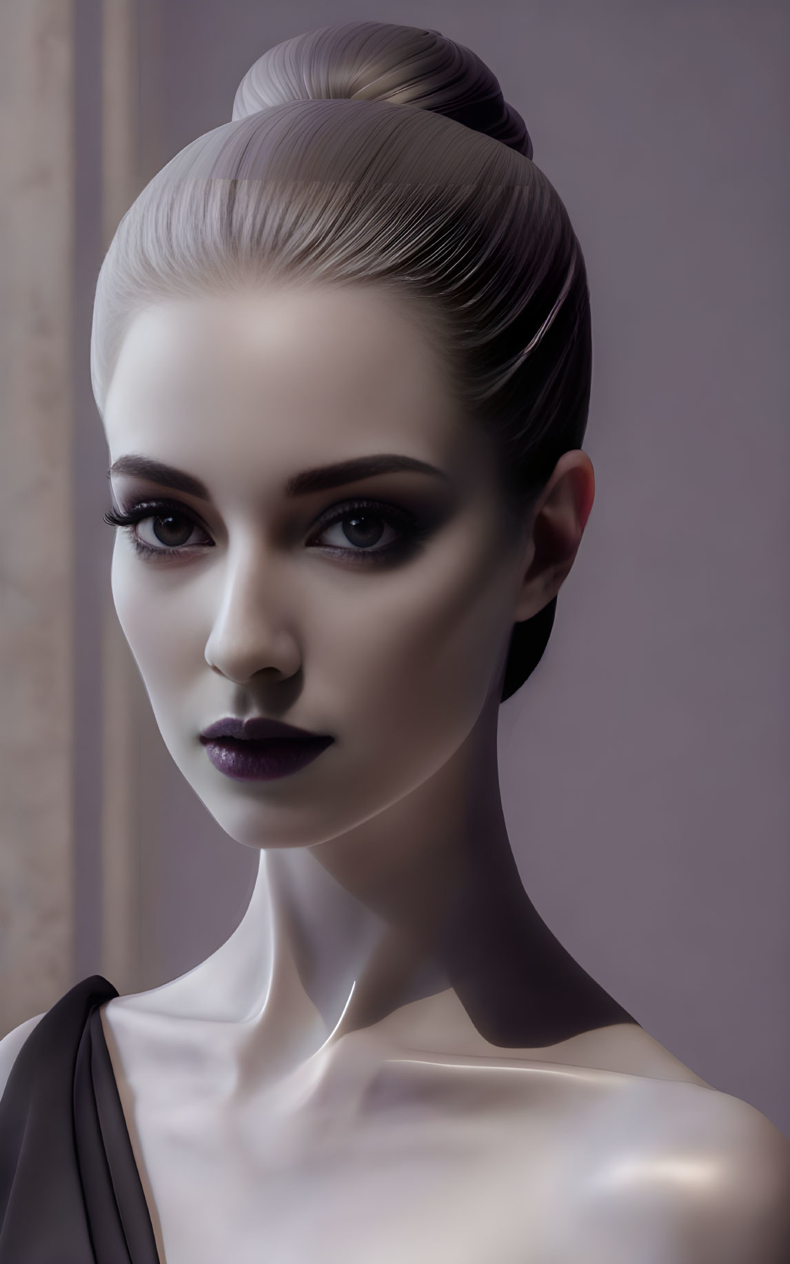 Woman with sleek bun and dark draped top in digital portrait