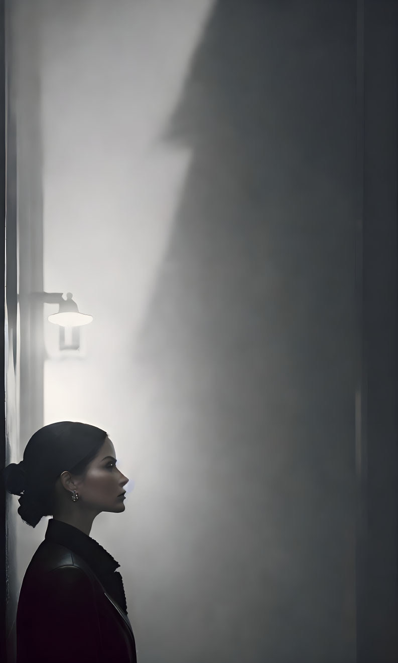 Profile of a Woman Standing in Dimly Lit Corridor with Long Shadow