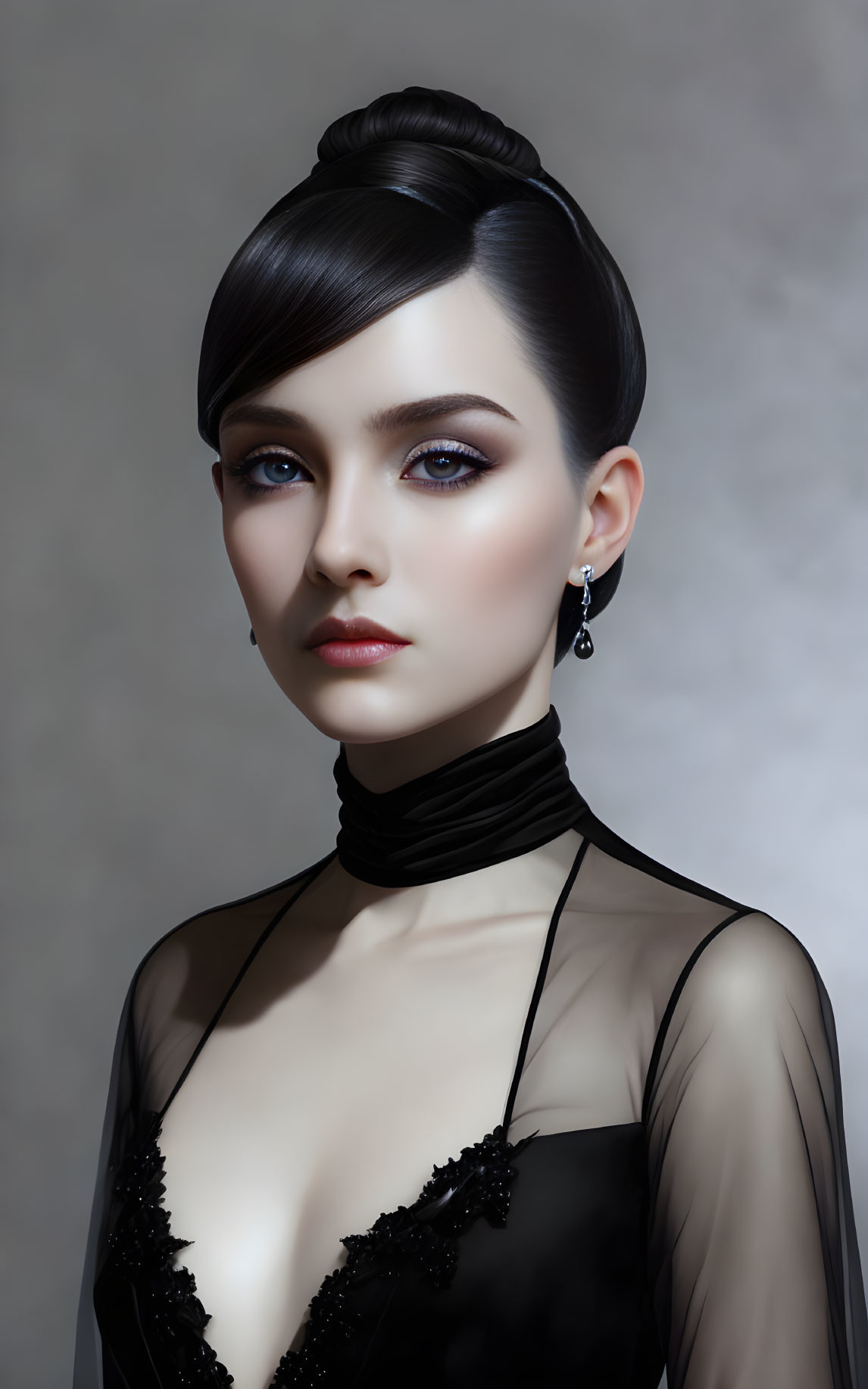 Stylish individual with sleek updo and purple eyeshadow in sheer black top