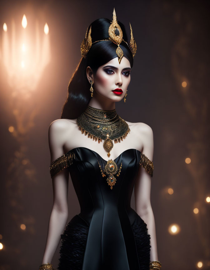 Elegant woman in black gown with gold jewelry against moody background