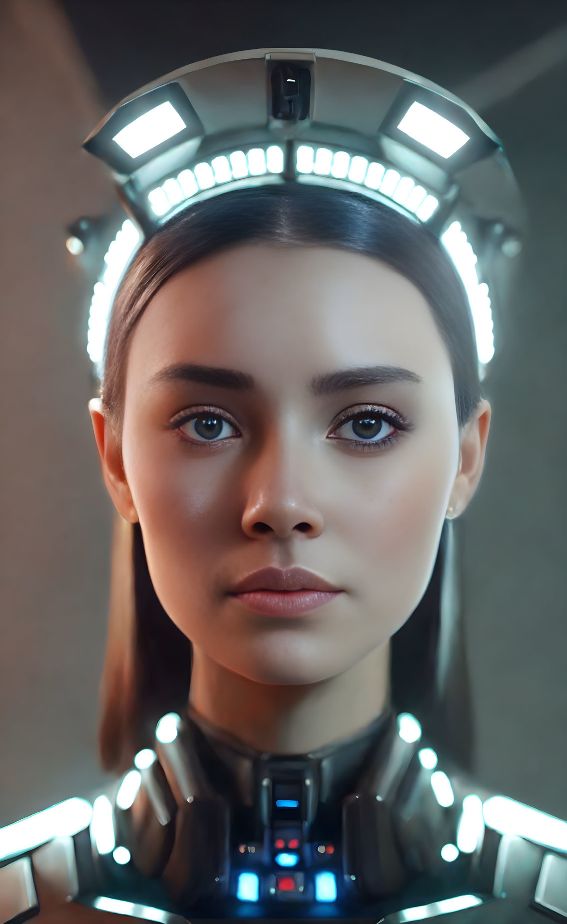 Futuristic woman in robotic suit with glowing halo headpiece