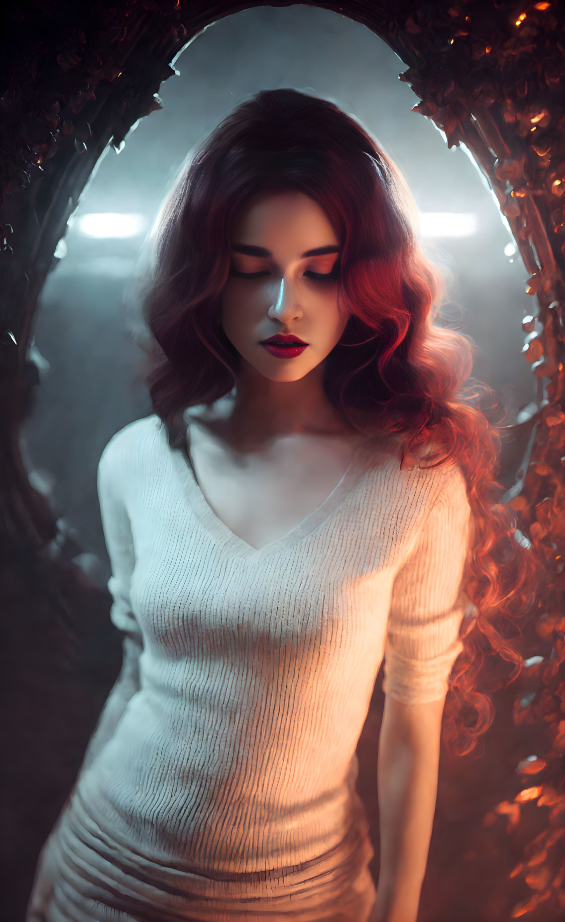 Red-haired woman with lipstick in moody lighting under leafy archway